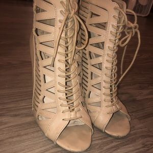 Nude Peep-toe Stiletto Lace-Up Heels